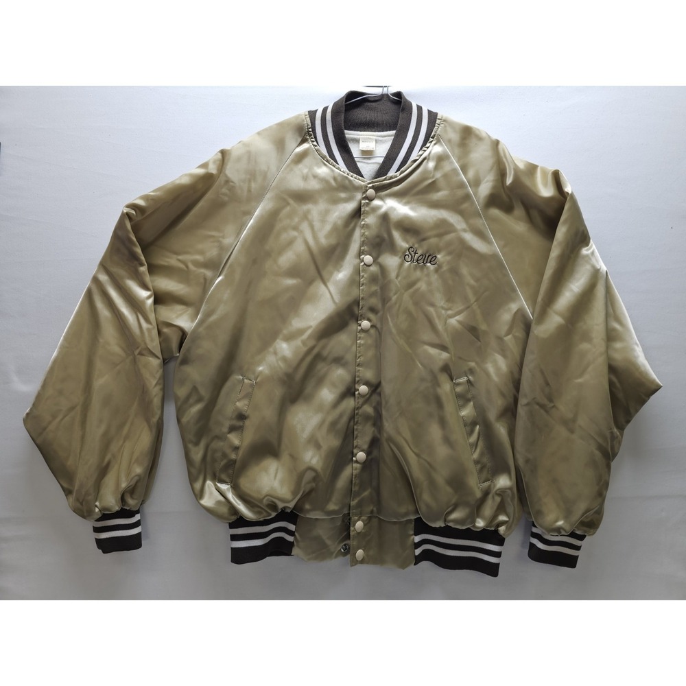 VTG 80s Satin Bomber Jacket XL Gold Brown Striped Varsity Chainstitch Embroidery